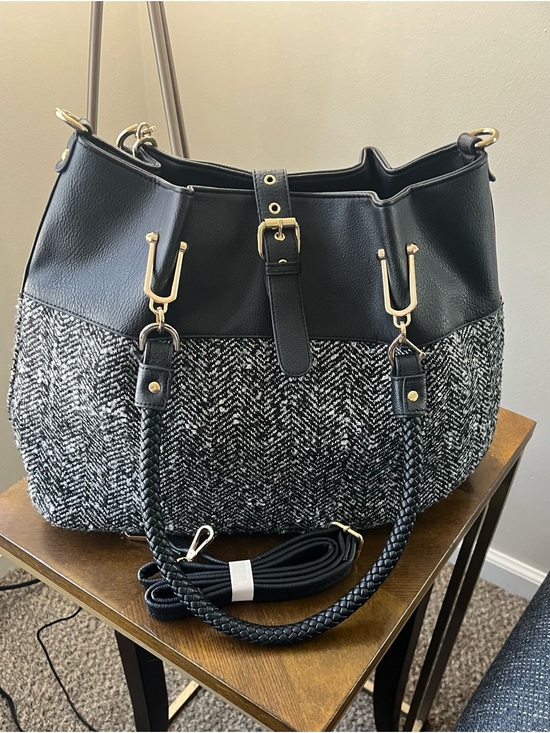 Handbags - Black Rivet Black & Gray Herringbone Tote Handbag with Gold Hardware